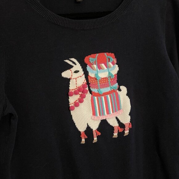 Talbots Sz M Navy Blue Whimsical Llama Embellished 3/4 Sleeves Crewneck Sweater - Picture 4 of 9